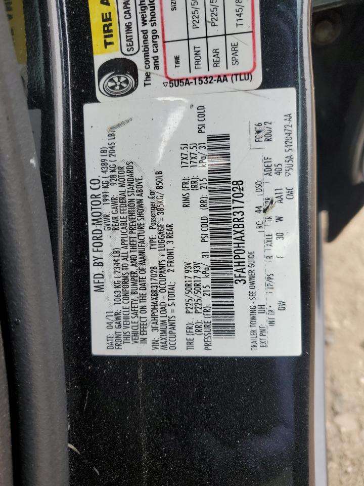 2011 Ford Fusion Se VIN: 3FAHP0HAXBR317028 Lot: 90360605