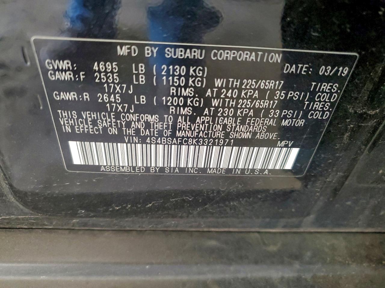 2019 Subaru Outback 2.5I Premium VIN: 4S4BSAFC8K3321971 Lot: 93768565