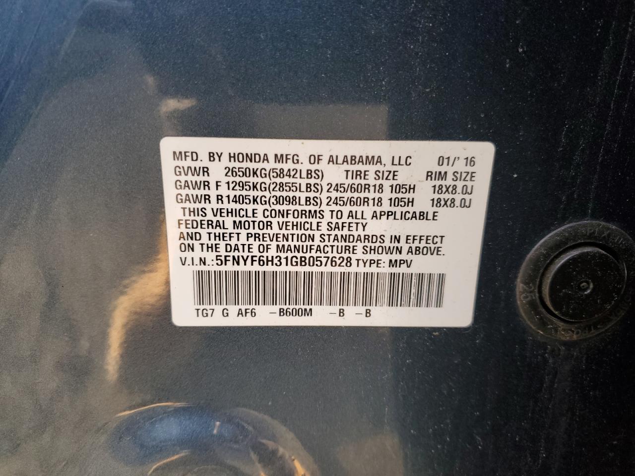 2016 Honda Pilot Ex VIN: 5FNYF6H31GB057628 Lot: 91893985