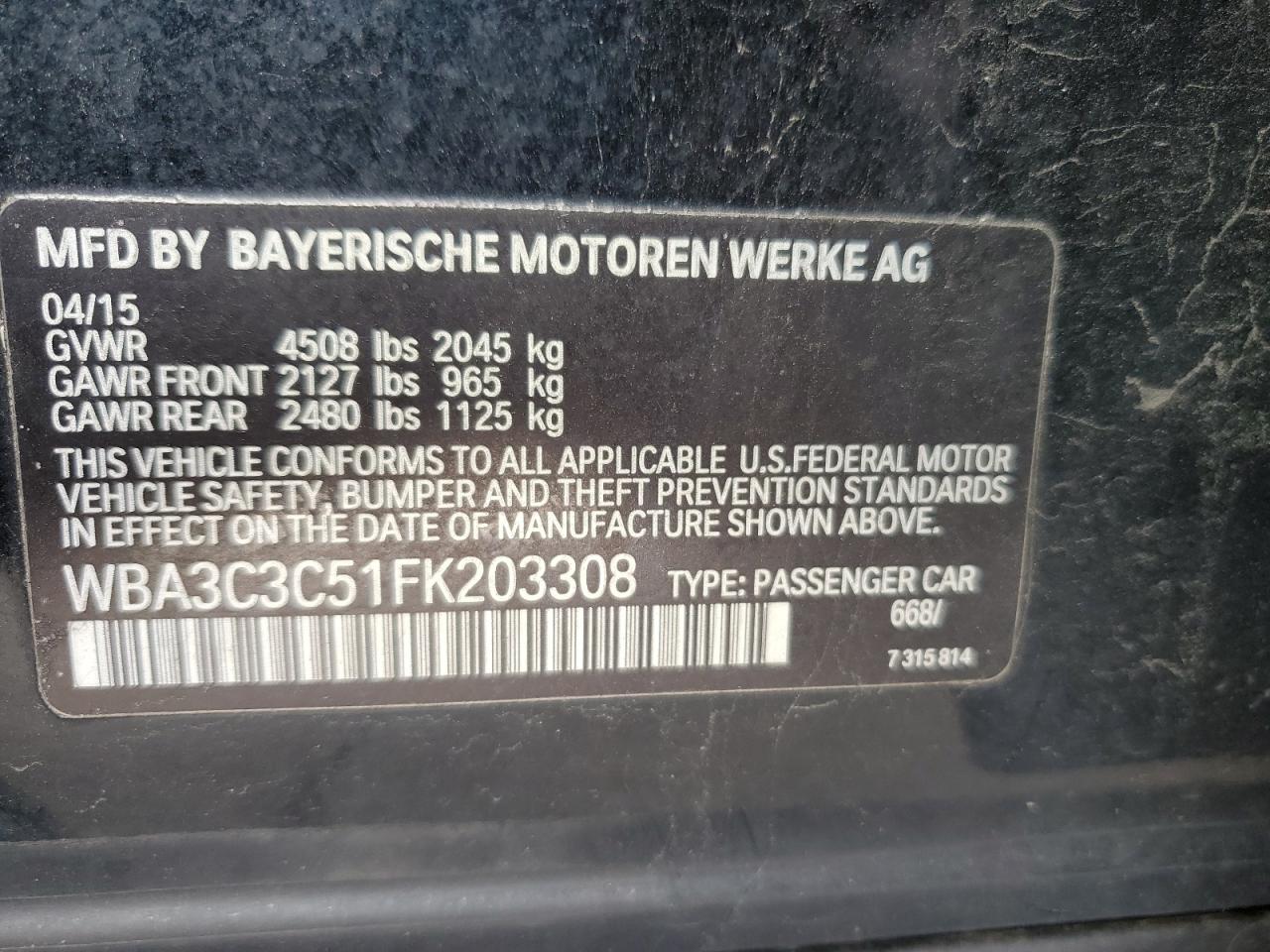 2015 BMW 320 I xDrive VIN: WBA3C3C51FK203308 Lot: 93009775