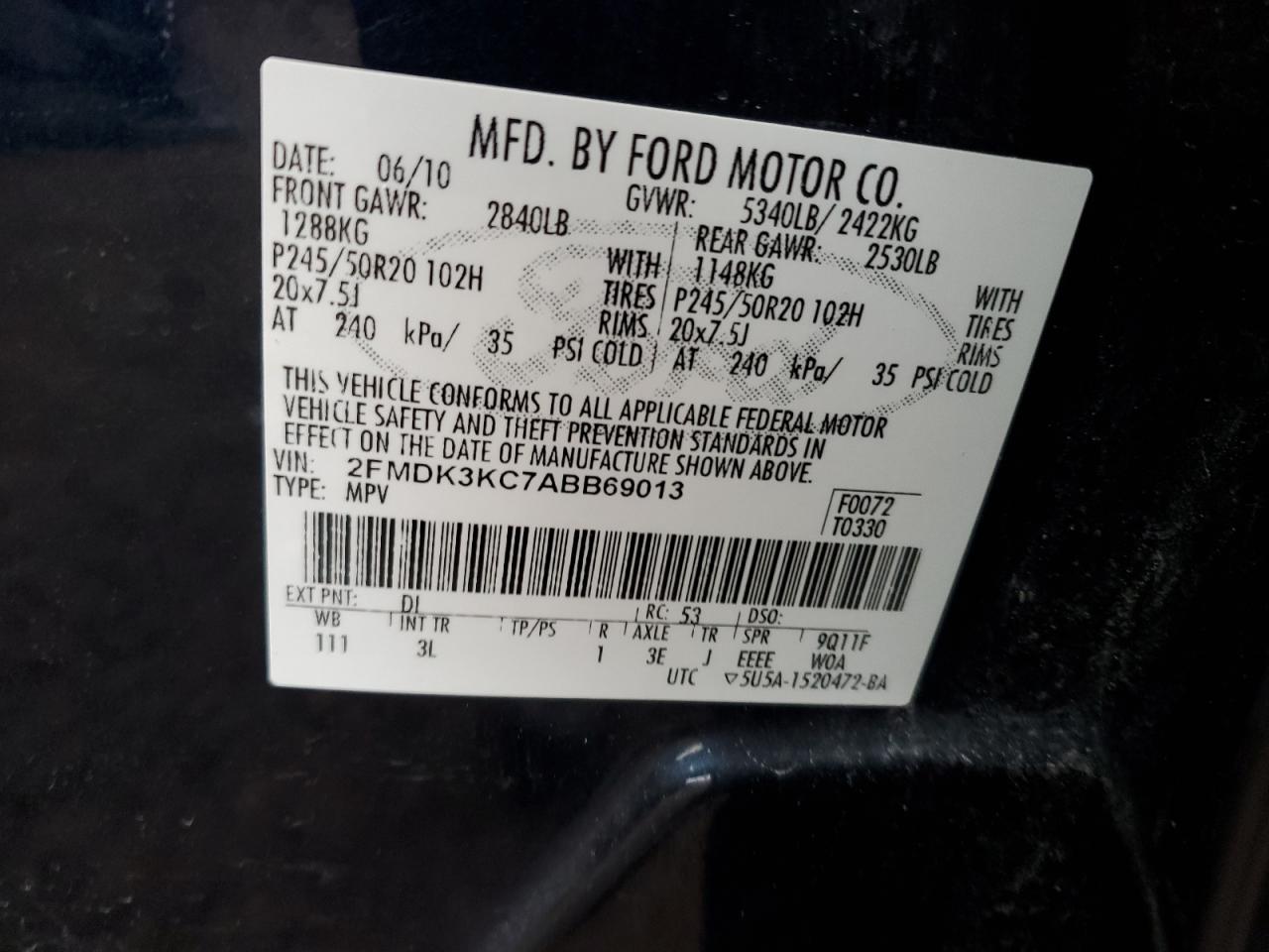 2010 Ford Edge Limited VIN: 2FMDK3KC7ABB69013 Lot: 93478125