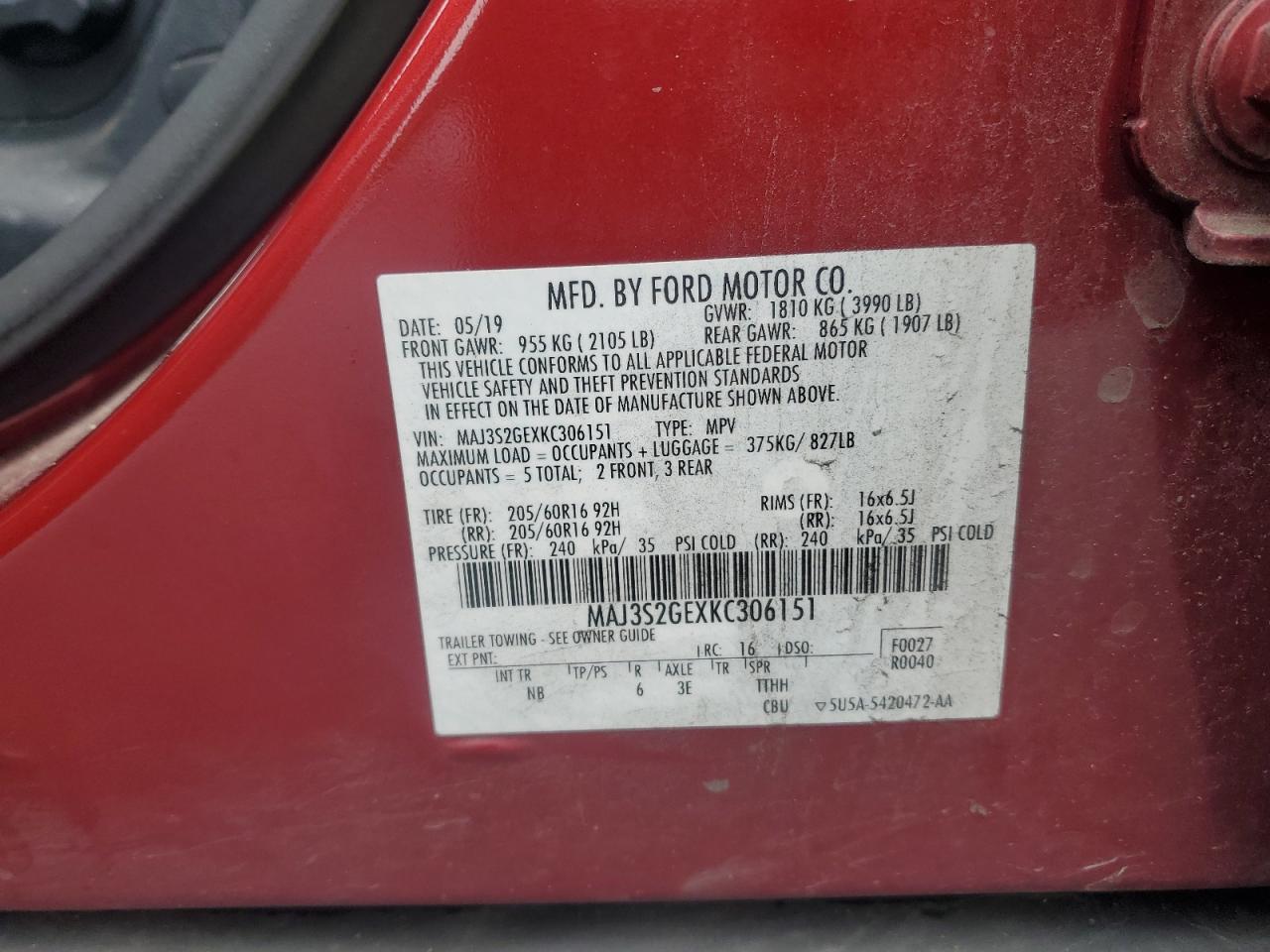 2019 Ford Ecosport Se VIN: MAJ3S2GEXKC306151 Lot: 93215785