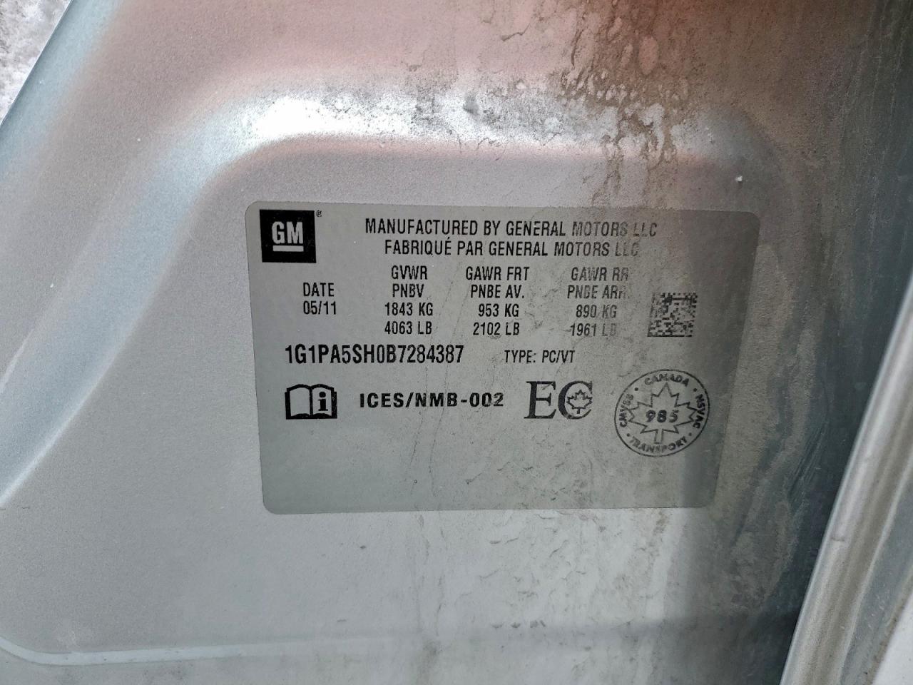 2011 Chevrolet Cruze Ls VIN: 1G1PA5SH0B7284387 Lot: 93143145