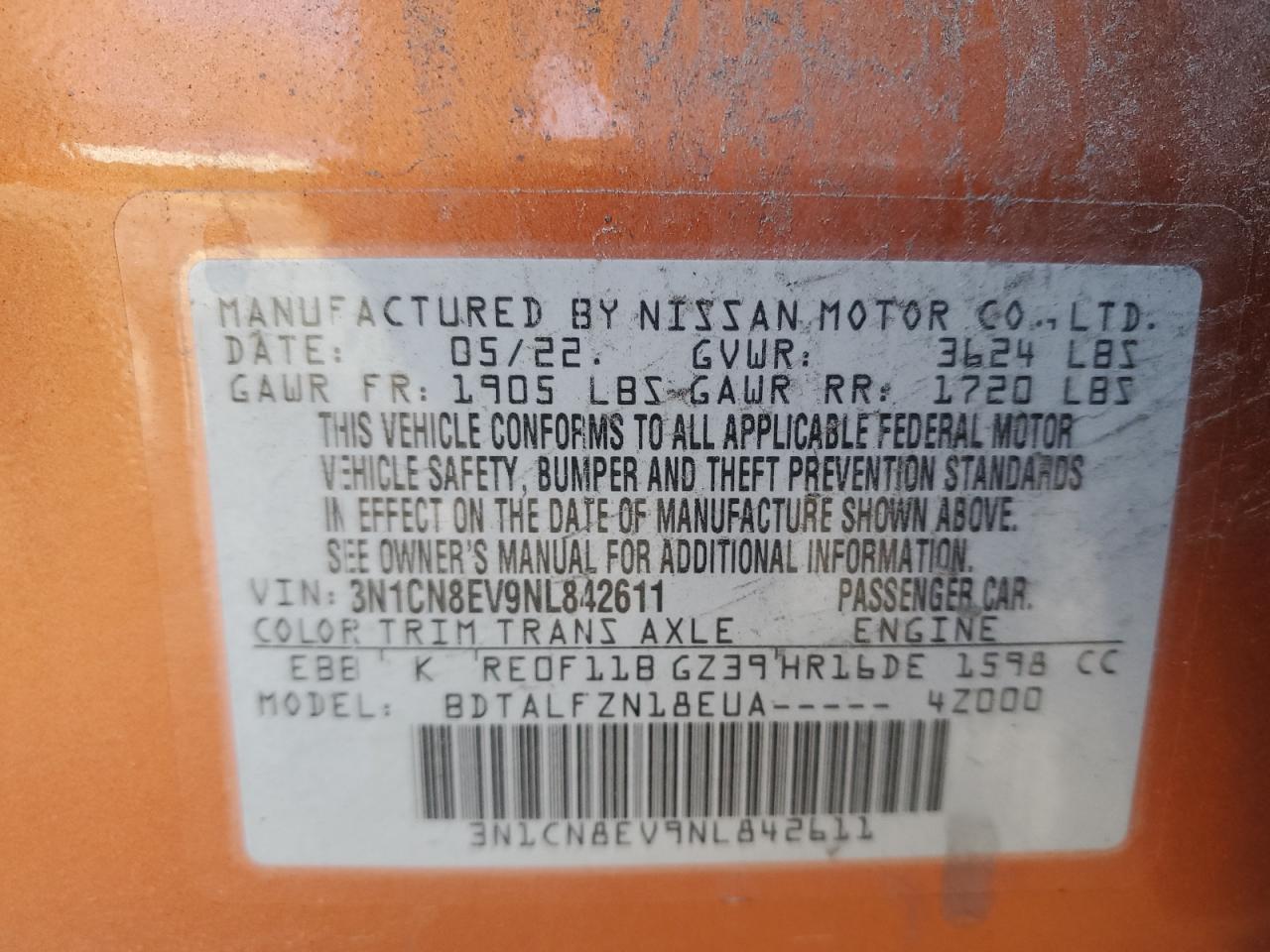 2022 Nissan Versa Sv VIN: 3N1CN8EV9NL842611 Lot: 92619985