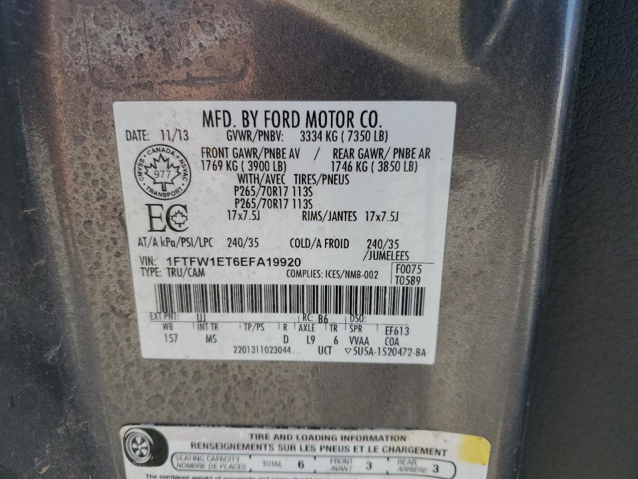 2014 Ford F150 Supercrew VIN: 1FTFW1ET6EFA19920 Lot: 91599615