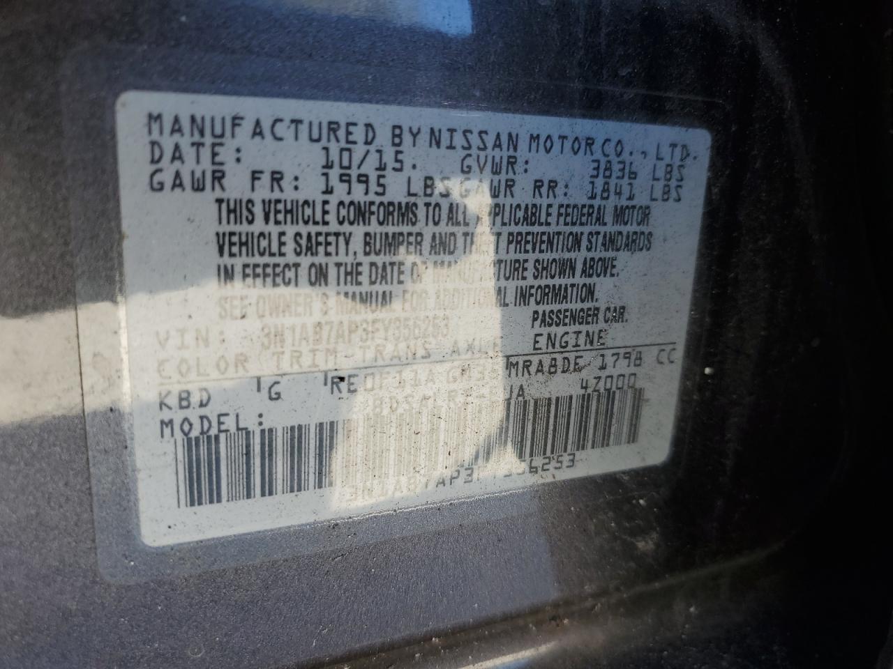 2015 Nissan Sentra S VIN: 3N1AB7AP3FY356253 Lot: 92895885