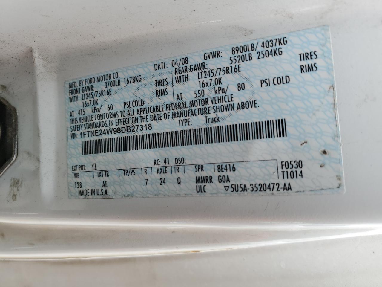 2008 Ford E250 Delivery Van VIN: 1FTNE24W98DB27318 Lot: 93335295