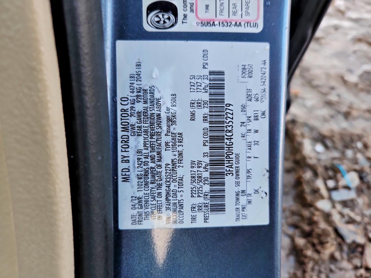 2012 Ford Fusion Se VIN: 3FAHP0HG4CR352279 Lot: 94574065