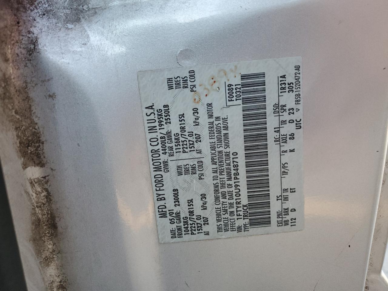 2001 Ford Ranger VIN: 1FTYR10U91PB48710 Lot: 91702105