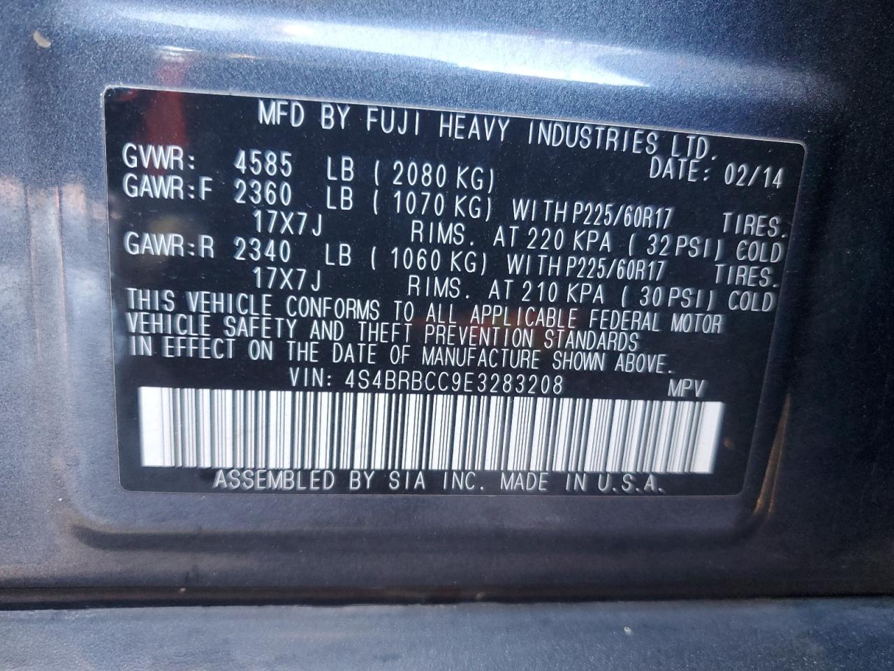 2014 Subaru Outback 2.5I Premium VIN: 4S4BRBCC9E3283208 Lot: 93684395