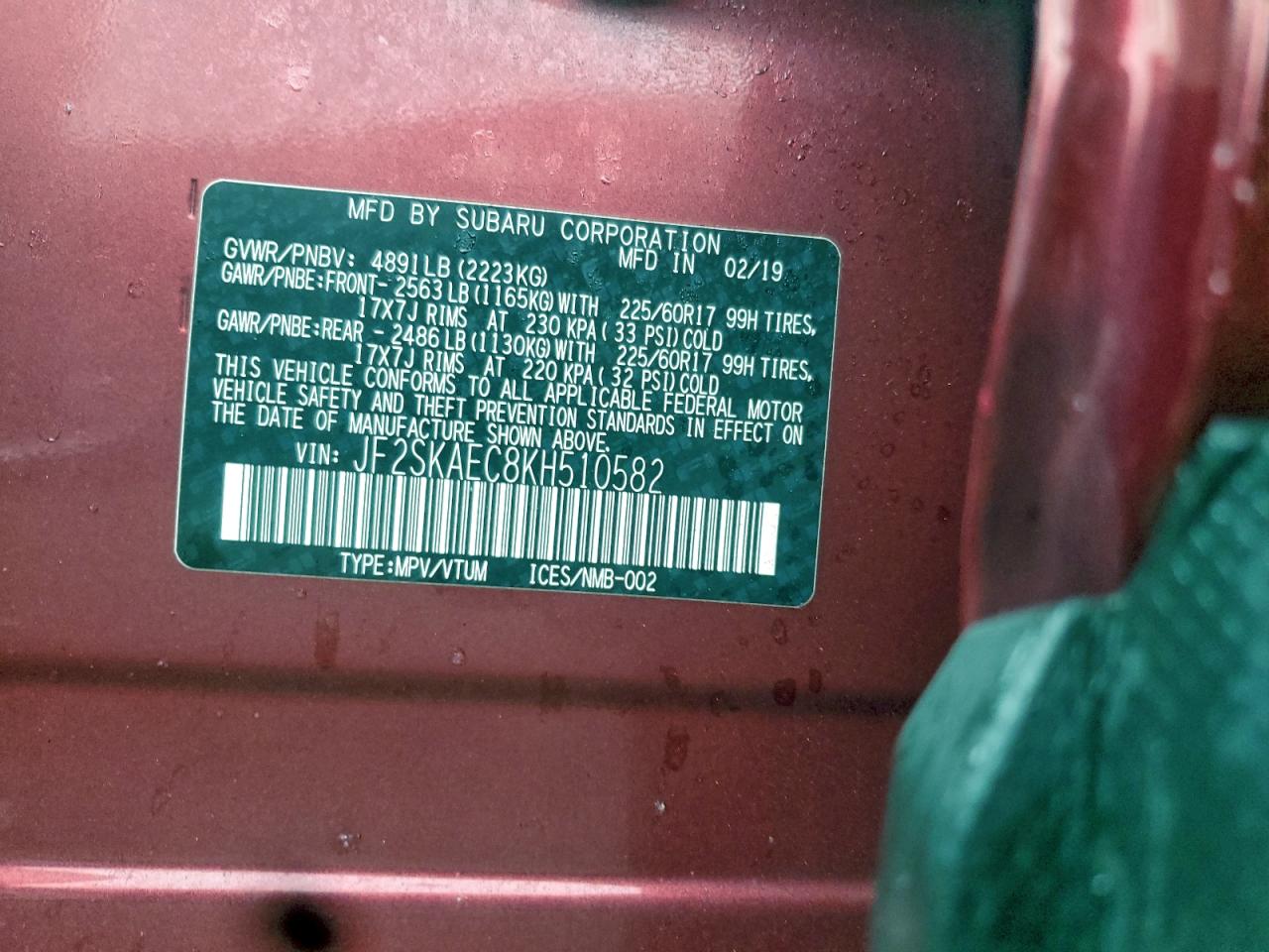 2019 Subaru Forester Premium VIN: JF2SKAEC8KH510582 Lot: 94221815