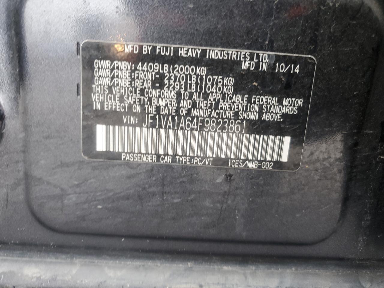 2015 Subaru Wrx VIN: JF1VA1A64F9823861 Lot: 93888675