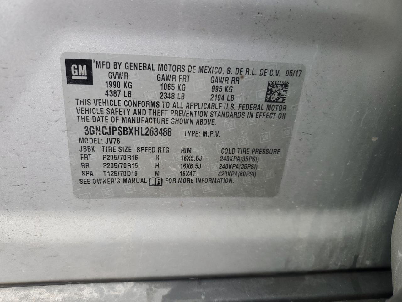 2017 Chevrolet Trax 1Lt VIN: 3GNCJPSBXHL263488 Lot: 93579795