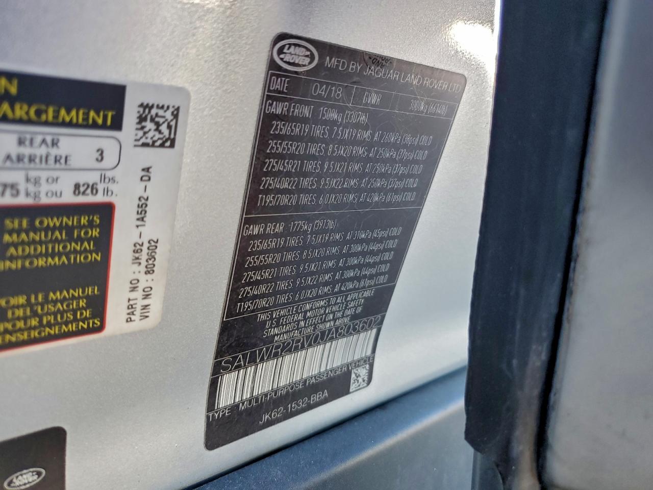 2018 Land Rover Range Rover Sport Hse VIN: SALWR2RV0JA803602 Lot: 94151035