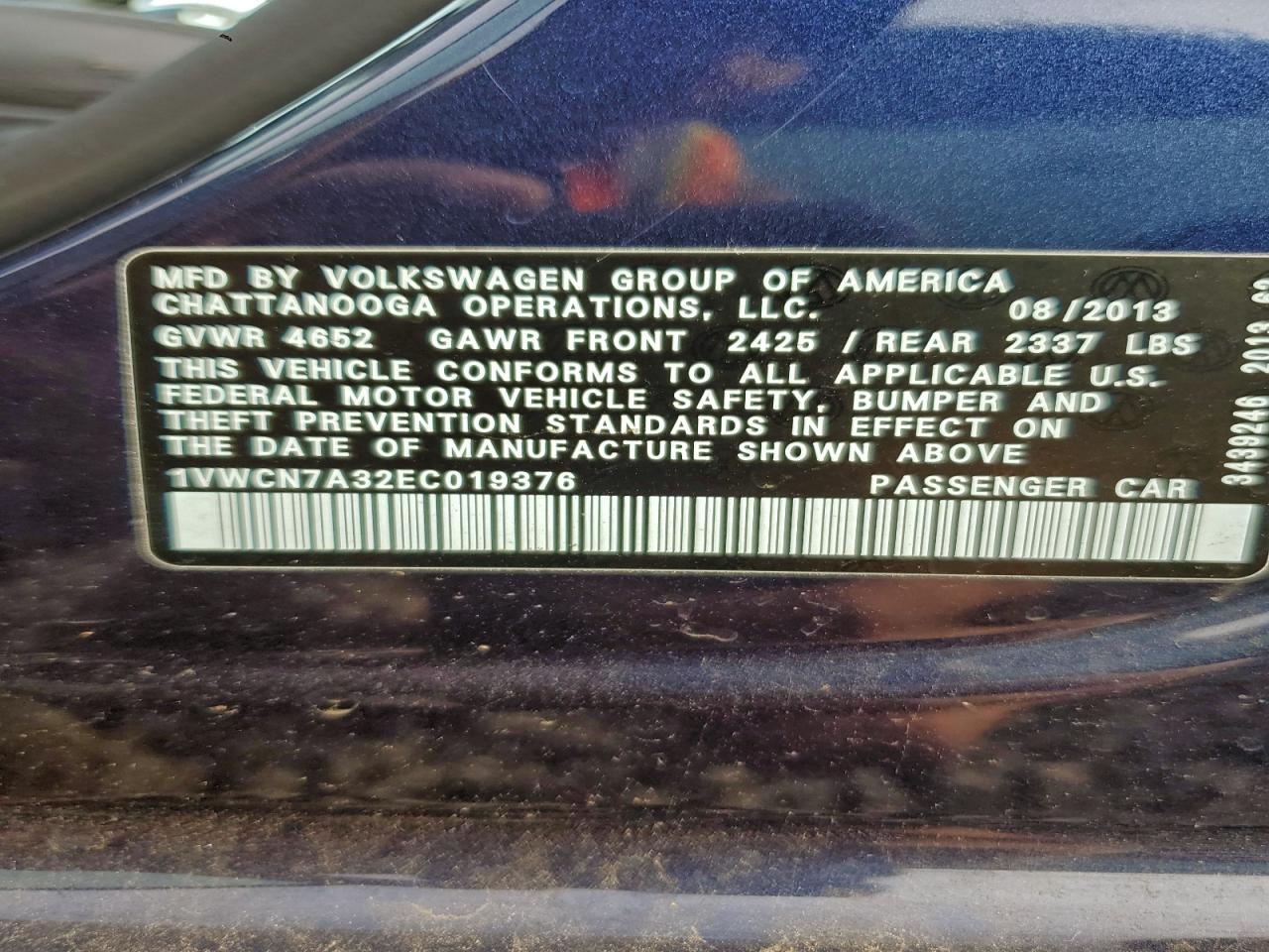 2014 Volkswagen Passat Sel VIN: 1VWCN7A32EC019376 Lot: 94078775