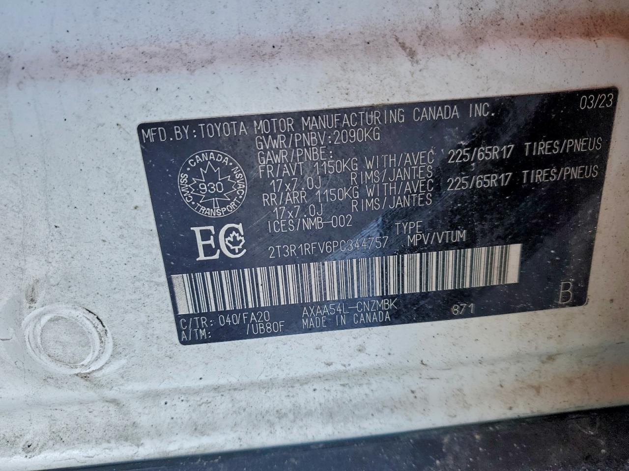 2023 Toyota Rav4 Xle VIN: 2T3R1RFV6PC344757 Lot: 93944865