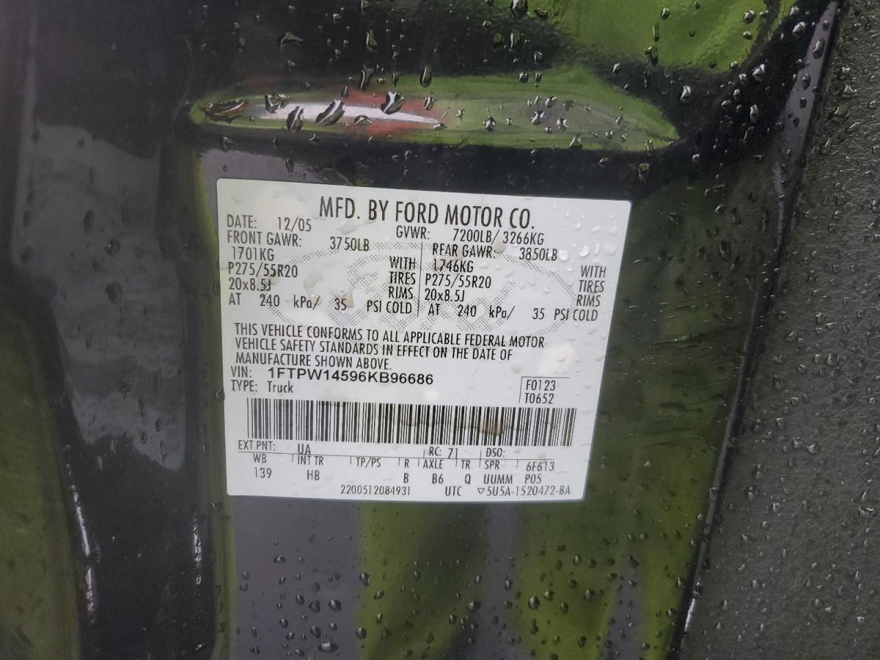 2006 Ford F150 Supercrew VIN: 1FTPW14596KB96686 Lot: 85438205