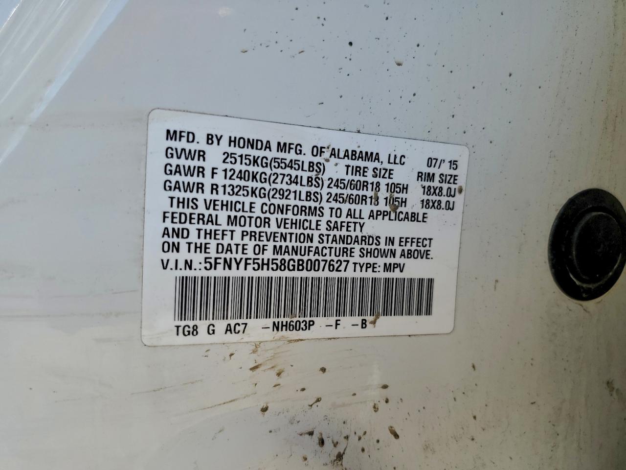 2016 Honda Pilot Exl VIN: 5FNYF5H58GB007627 Lot: 93265535