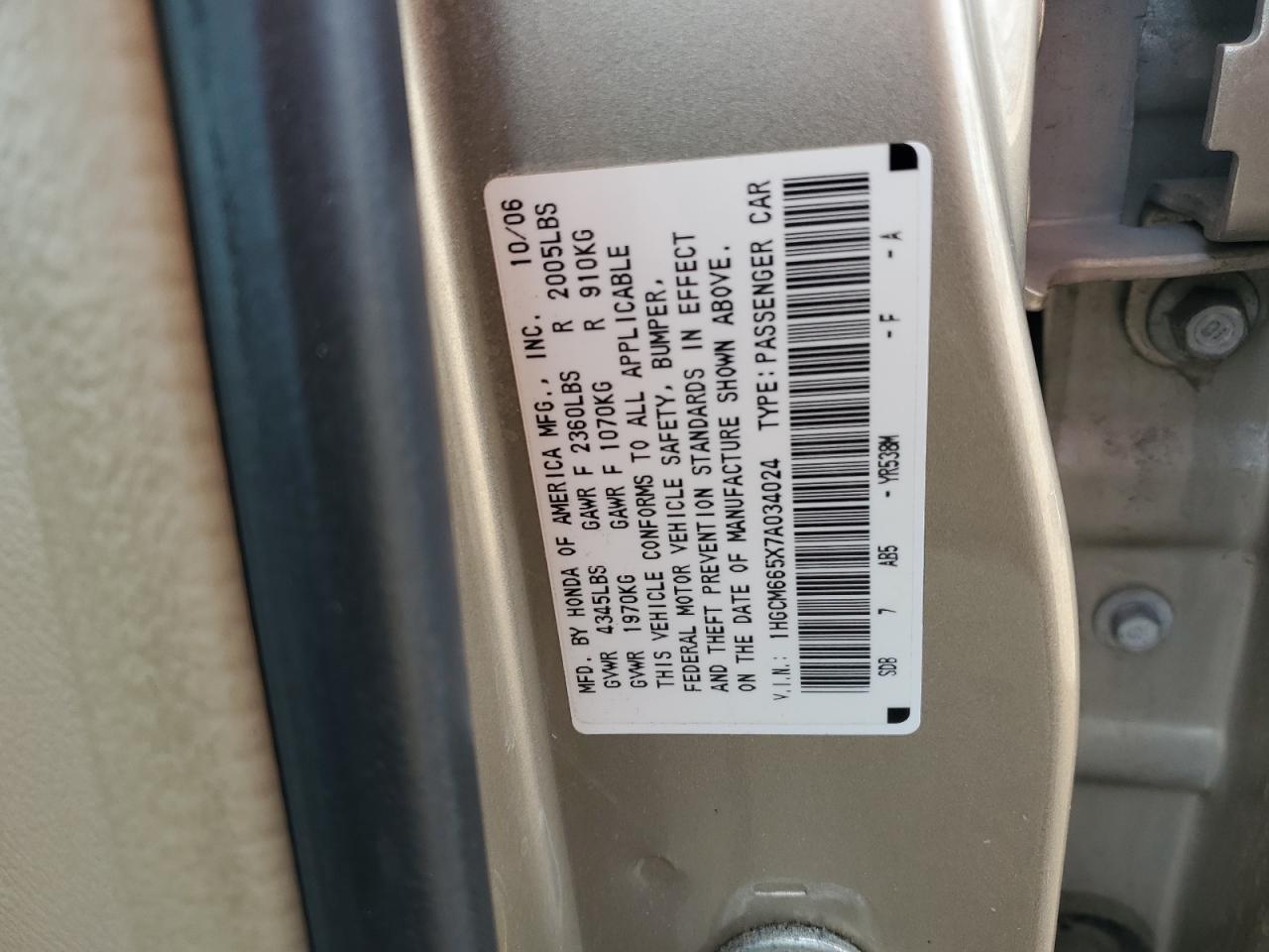 2007 Honda Accord Ex VIN: 1HGCM665X7A034024 Lot: 92721985