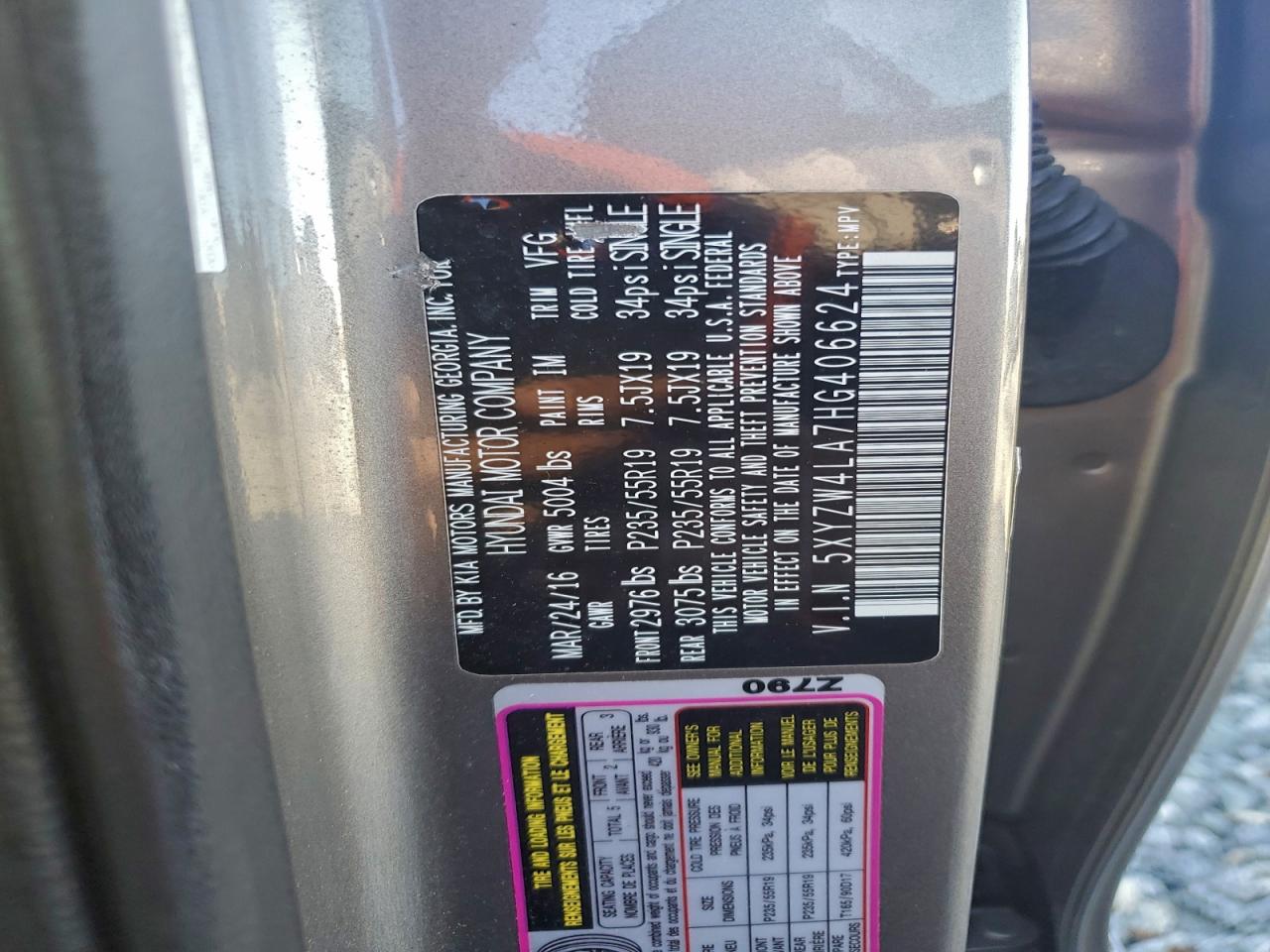 2017 Hyundai Santa Fe Sport VIN: 5XYZW4LA7HG406624 Lot: 94178195