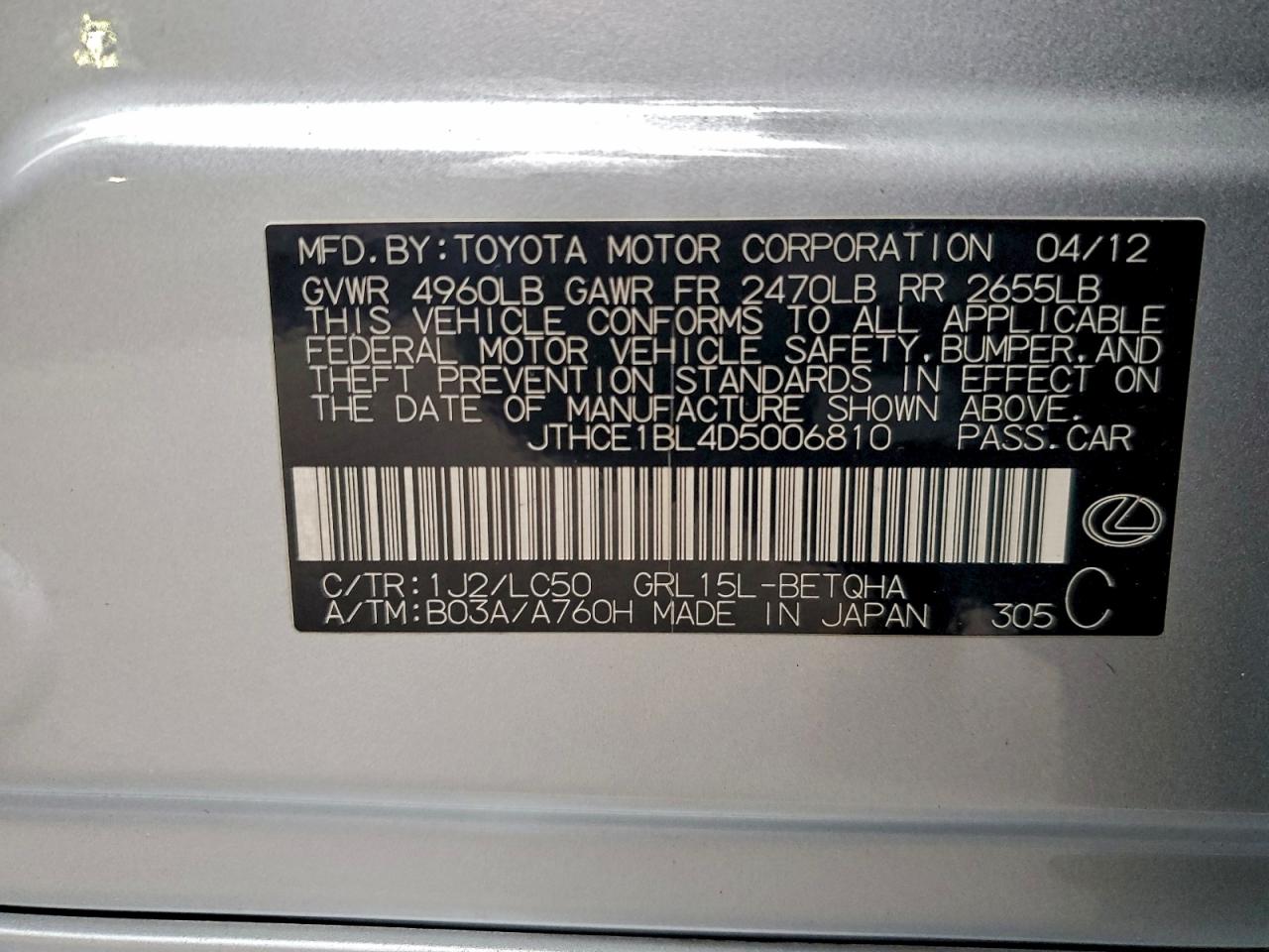 2013 Lexus Gs 350 VIN: JTHCE1BL4D5006810 Lot: 93414535