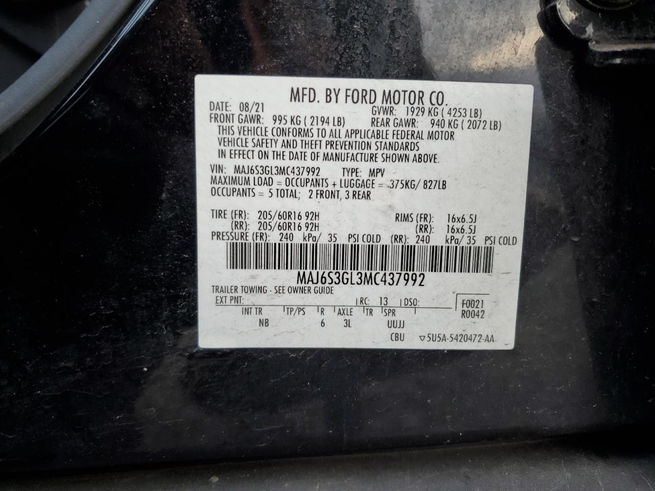 2021 Ford Ecosport Se VIN: MAJ6S3GL3MC437992 Lot: 91549545