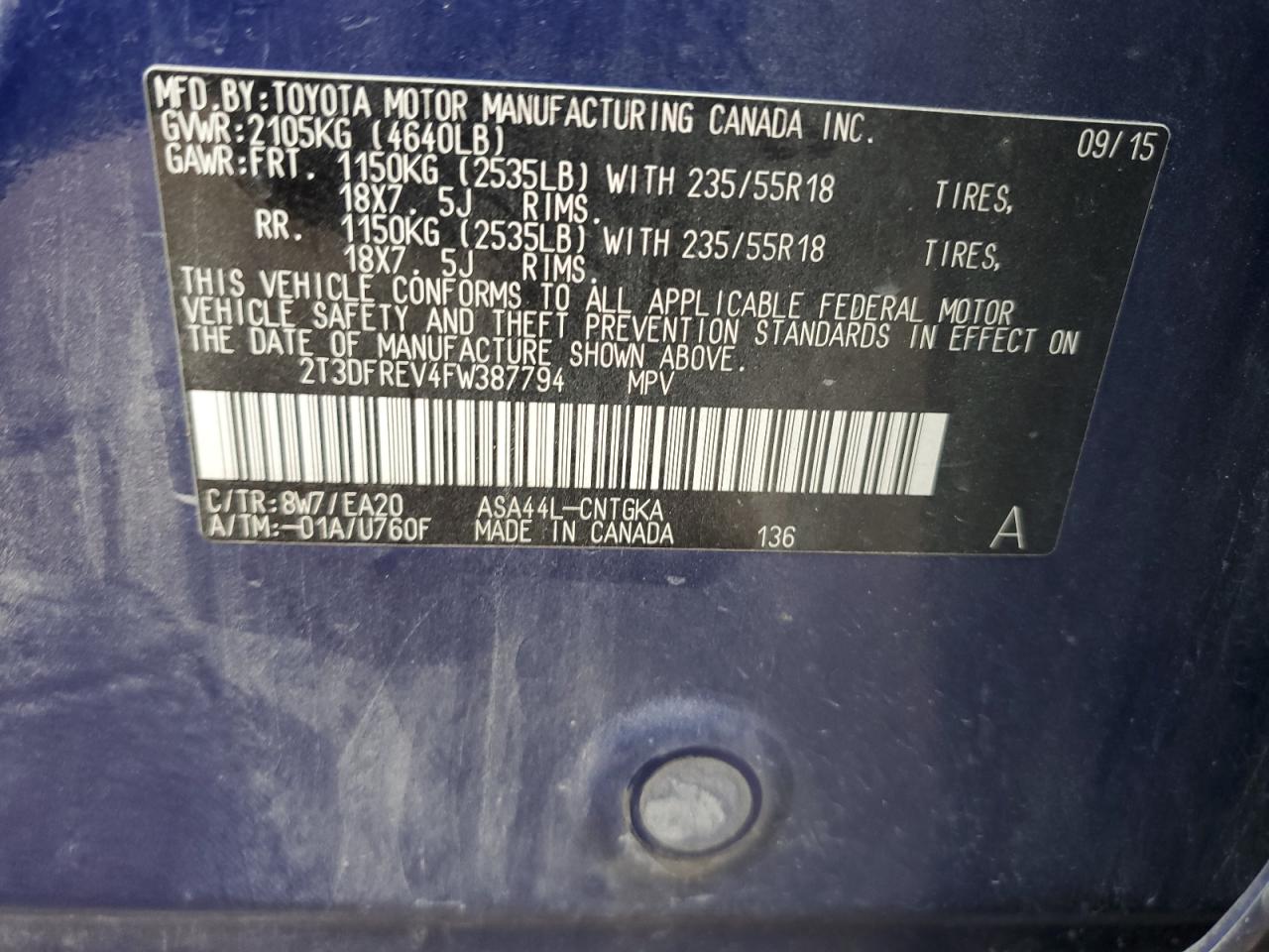 2015 Toyota Rav4 Limited VIN: 2T3DFREV4FW387794 Lot: 93040265