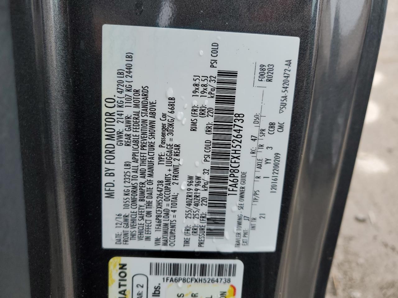 2017 Ford Mustang Gt VIN: 1FA6P8CFXH5264738 Lot: 92798785