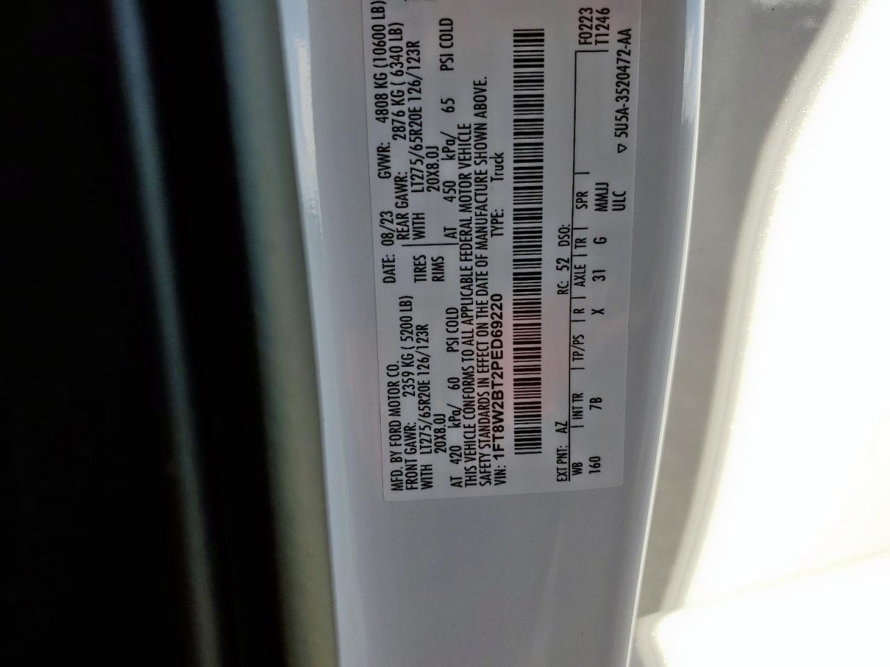 2023 Ford F250 Super Duty VIN: 1FT8W2BT2PED69220 Lot: 92246685