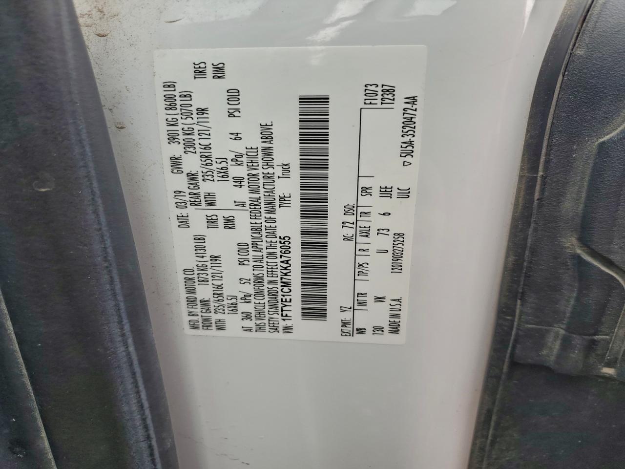 2019 Ford Transit Van T-150 Me VIN: 1FTYE1CM7KKA76055 Lot: 93900935