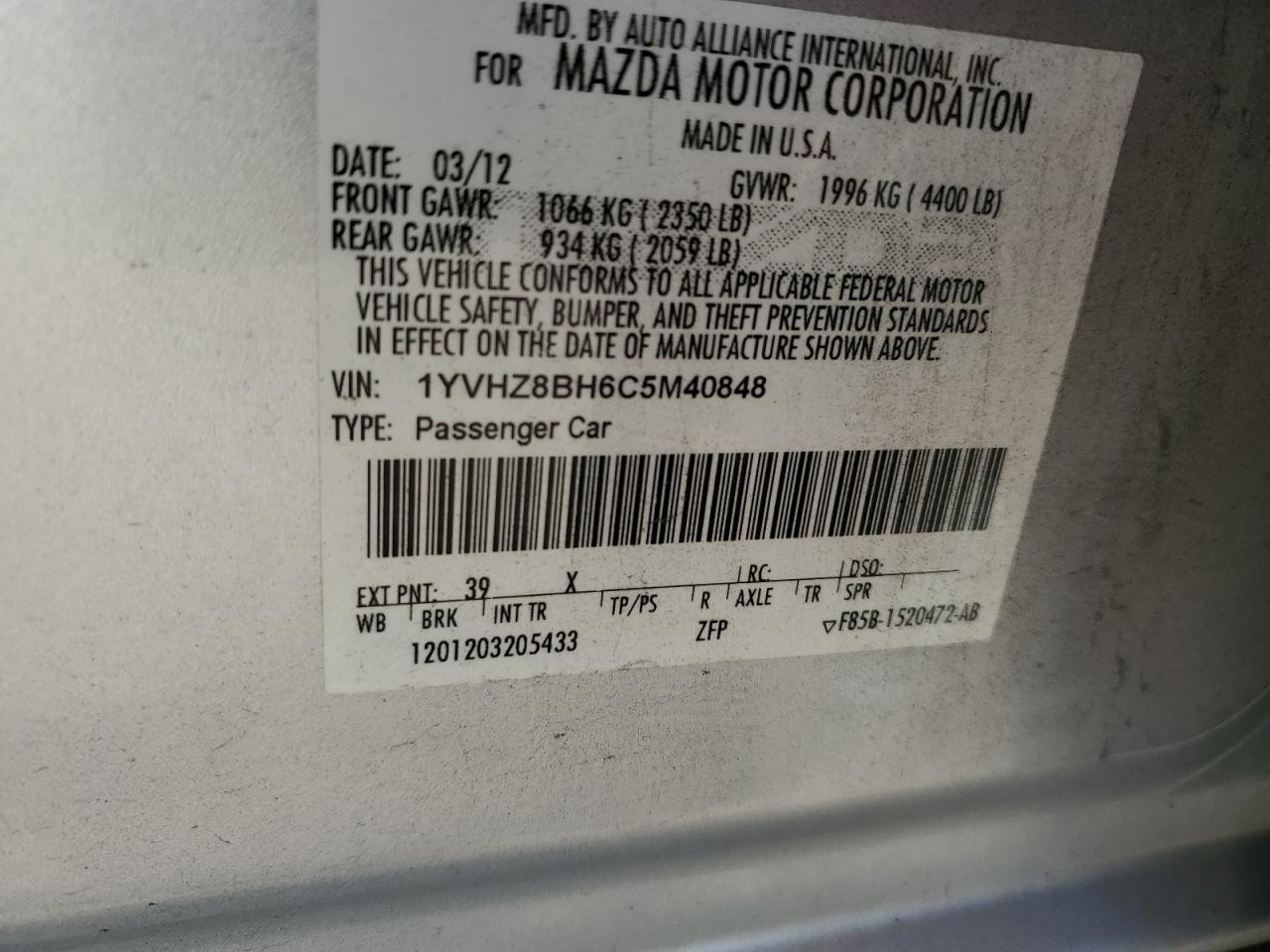 2012 Mazda 6 I VIN: 1YVHZ8BH6C5M40848 Lot: 93439735