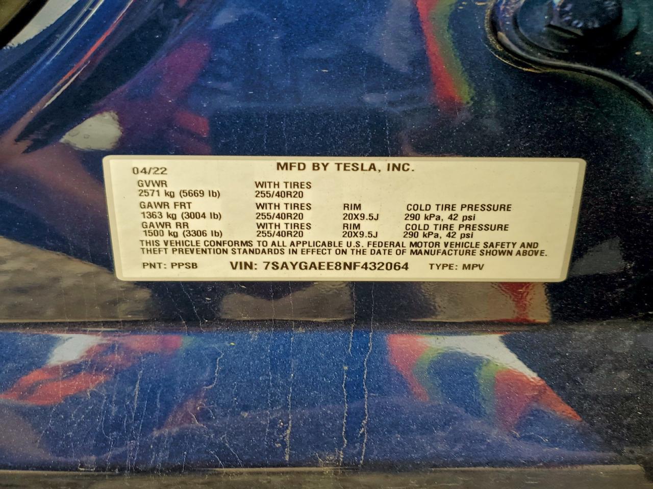 2022 Tesla Model Y VIN: 7SAYGAEE8NF432064 Lot: 93780315