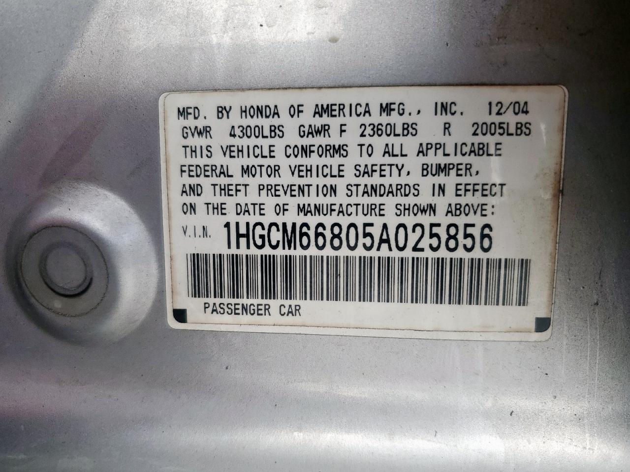 2005 Honda Accord Ex VIN: 1HGCM66805A025856 Lot: 93750555