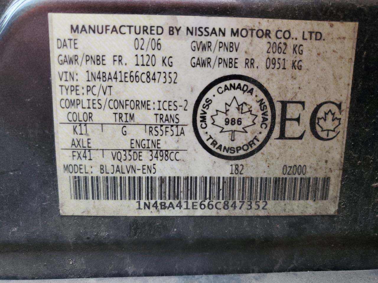 2006 Nissan Maxima Se VIN: 1N4BA41E66C847352 Lot: 93493805