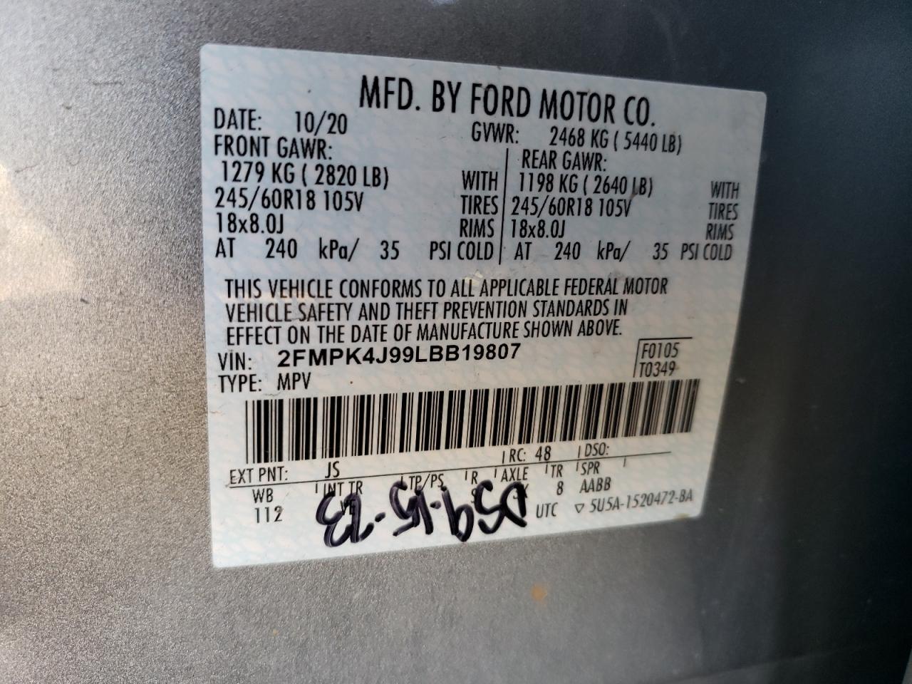 2020 Ford Edge Sel VIN: 2FMPK4J99LBB19807 Lot: 90929085