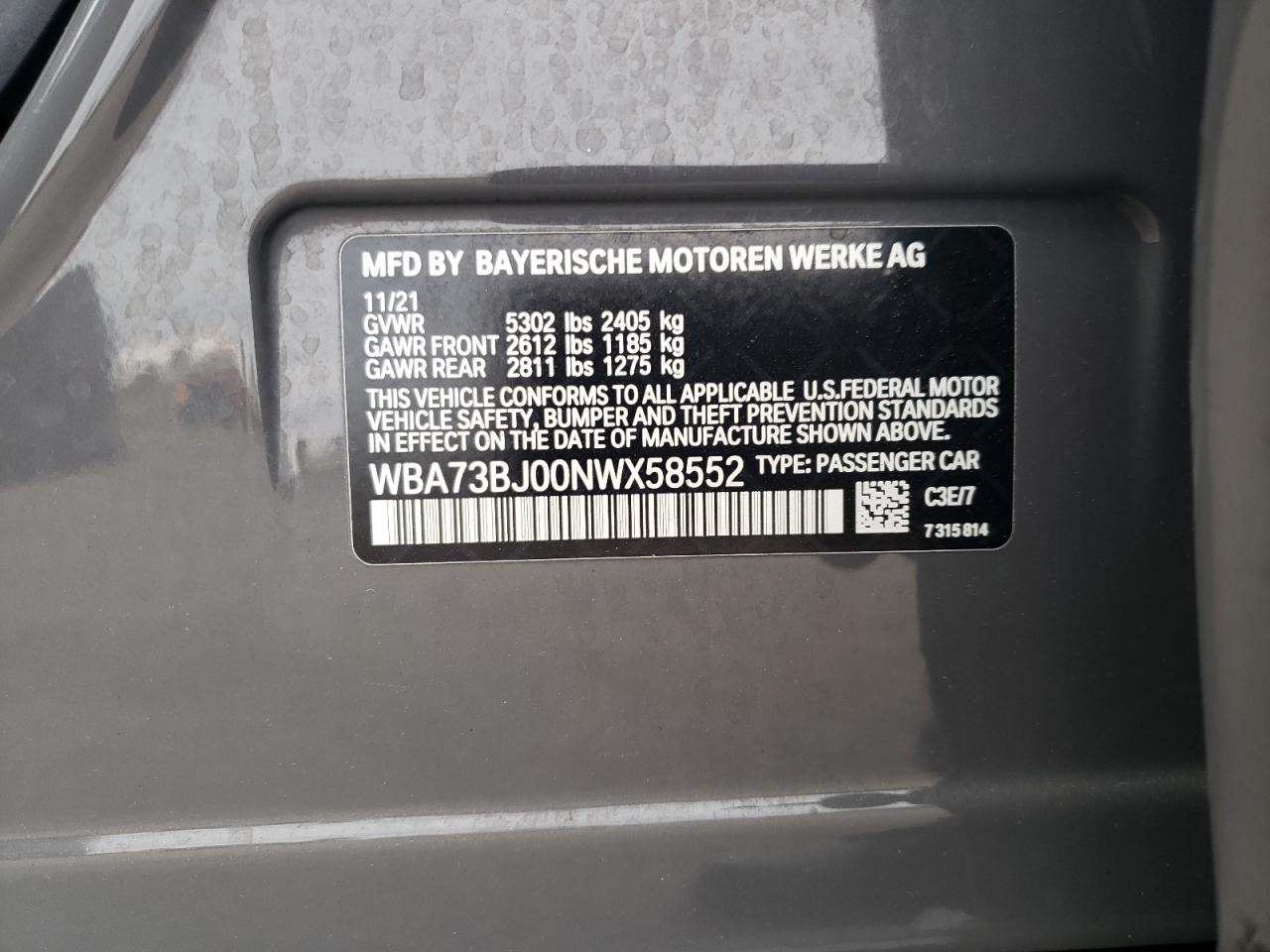 2022 BMW 540 Xi VIN: WBA73BJ00NWX58552 Lot: 92209175