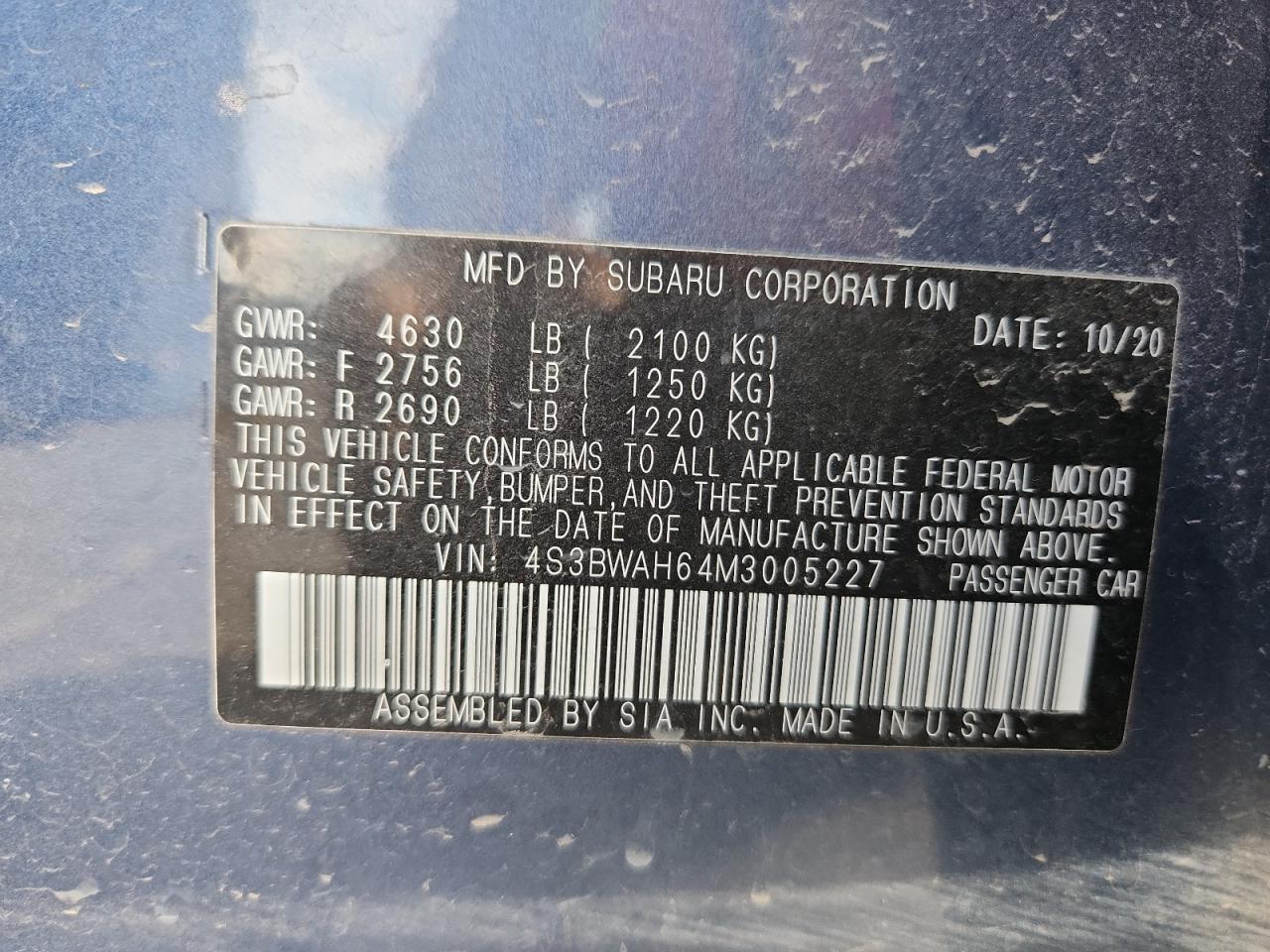 2021 Subaru Legacy Sport VIN: 4S3BWAH64M3005227 Lot: 93195875