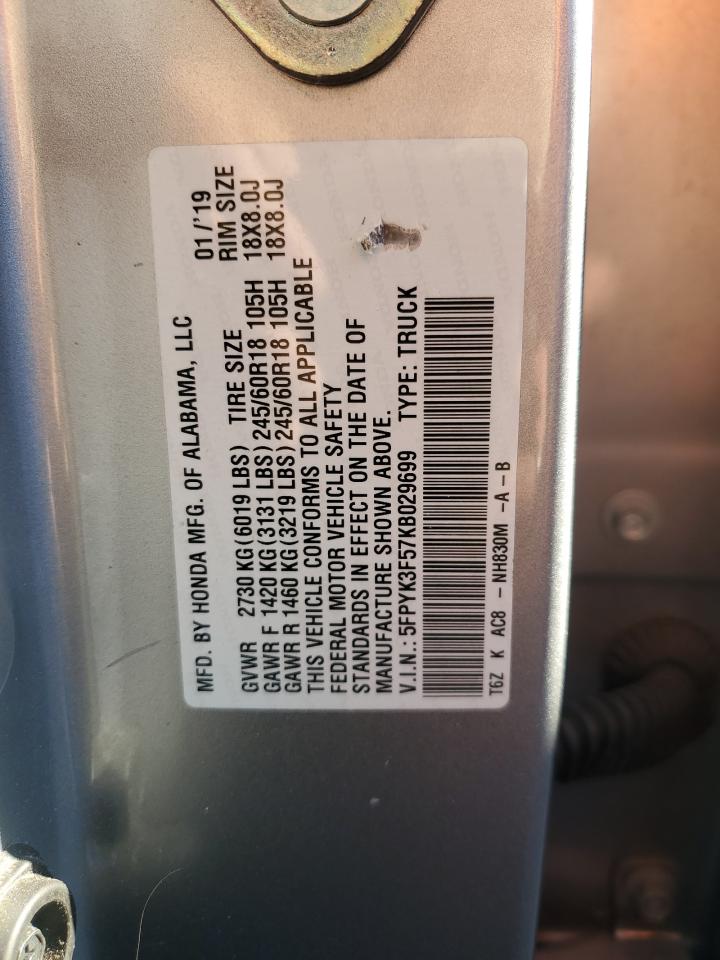 2019 Honda Ridgeline Rtl VIN: 5FPYK3F57KB029699 Lot: 90473315