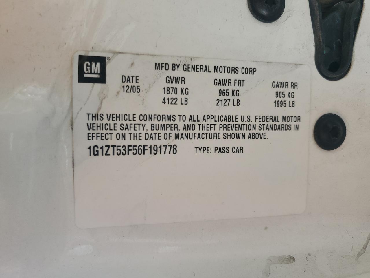 2006 Chevrolet Malibu Lt VIN: 1G1ZT53F56F191778 Lot: 92659995