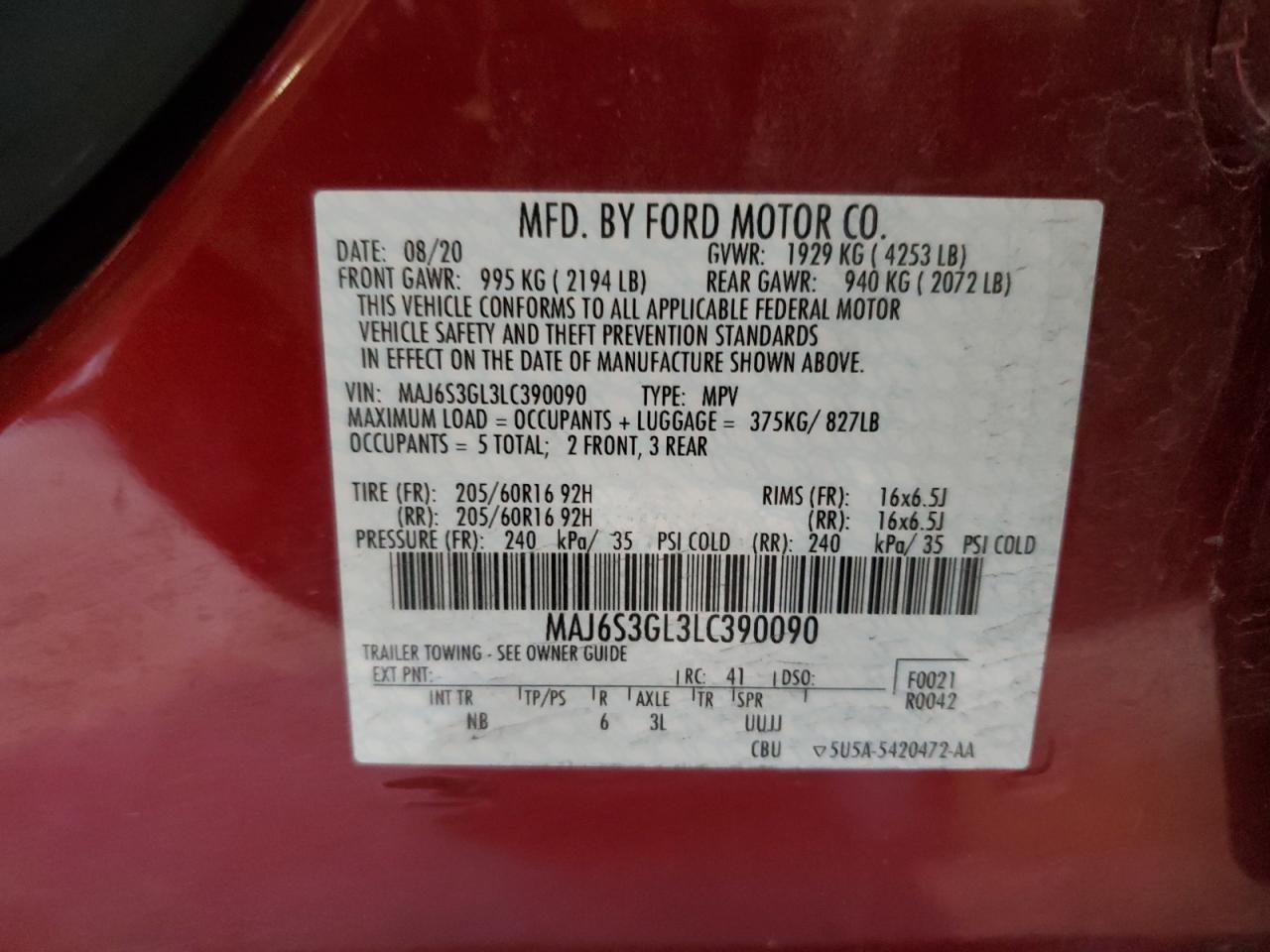 2020 Ford Ecosport Se VIN: MAJ6S3GL3LC390090 Lot: 93082855