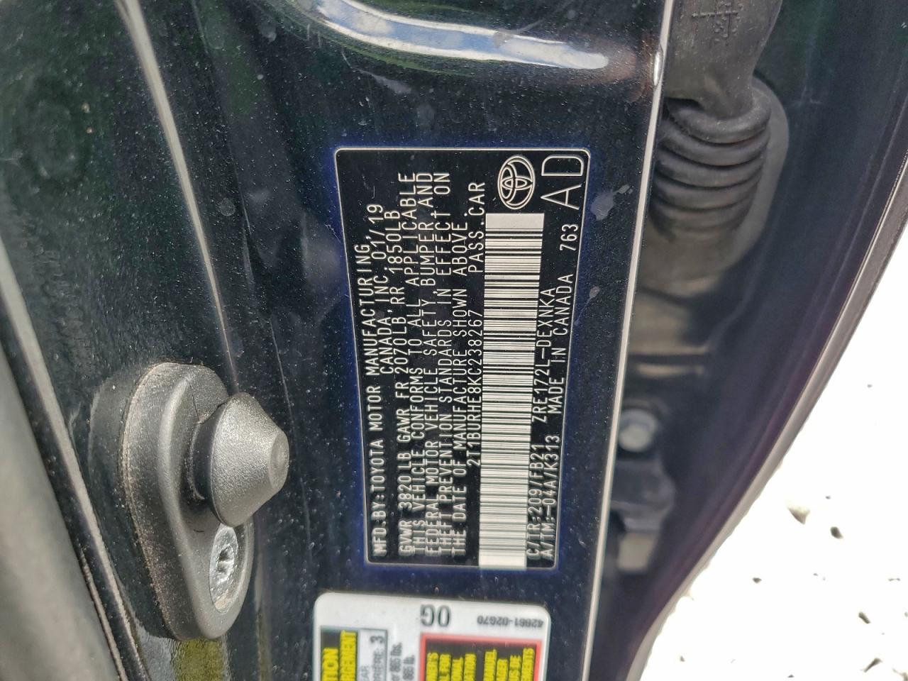 2019 Toyota Corolla L VIN: 2T1BURHE8KC238267 Lot: 93717905