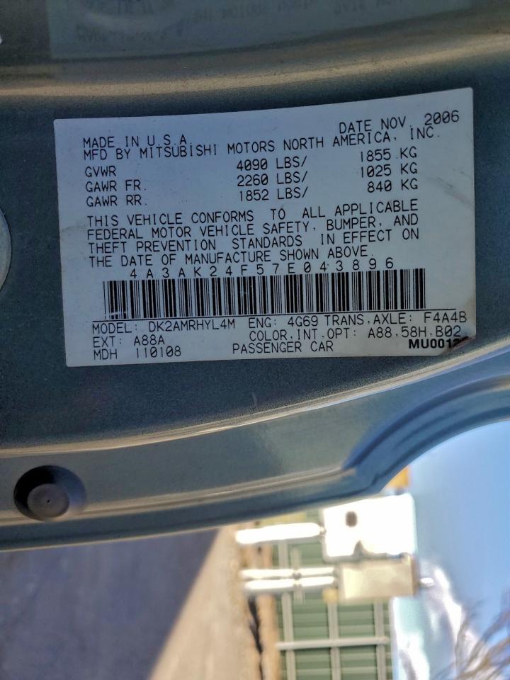 2007 Mitsubishi Eclipse Gs VIN: 4A3AK24F57E043896 Lot: 93841335