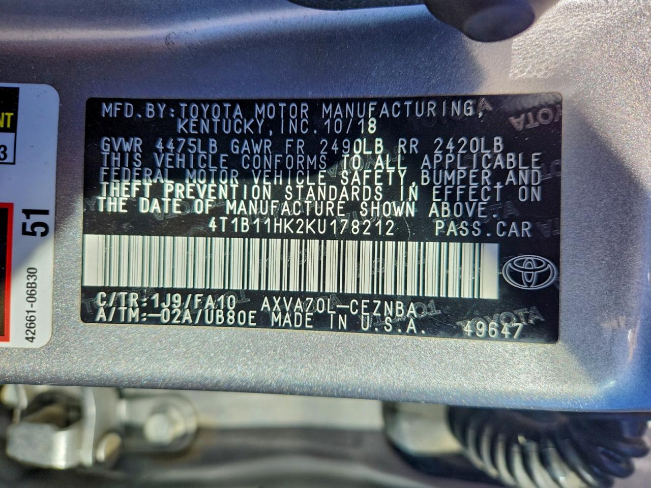 2019 Toyota Camry L VIN: 4T1B11HK2KU178212 Lot: 94184135