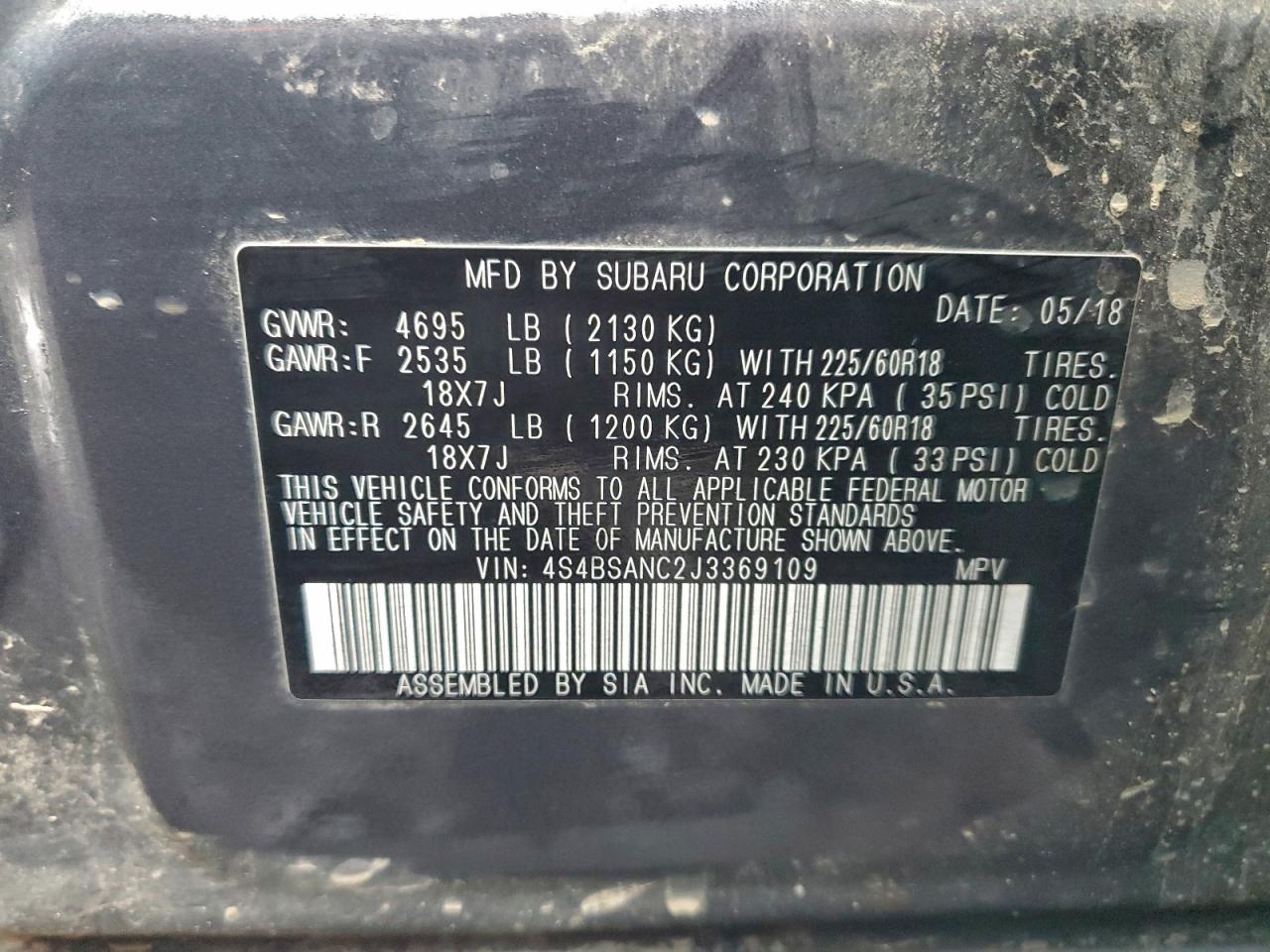 2018 Subaru Outback 2.5I Limited VIN: 4S4BSANC2J3369109 Lot: 93985765