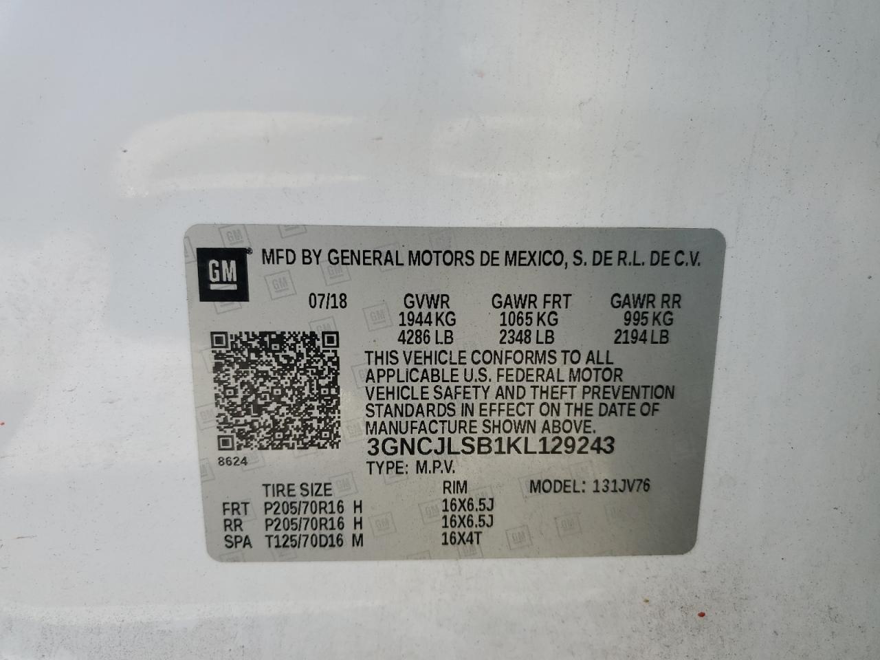 2019 Chevrolet Trax 1Lt VIN: 3GNCJLSB1KL129243 Lot: 92622475