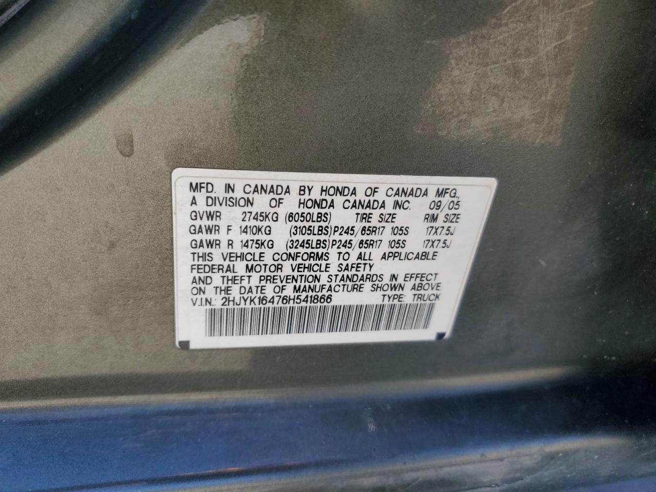 2006 Honda Ridgeline Rts VIN: 2HJYK16476H541866 Lot: 91145525