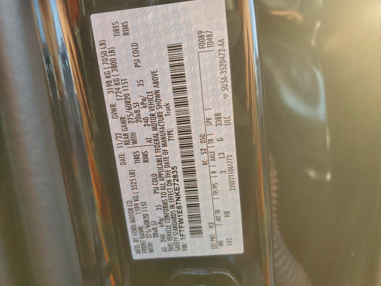 2022 Ford F150 Supercrew VIN: 1FTFW1E87NKE72835 Lot: 93850865