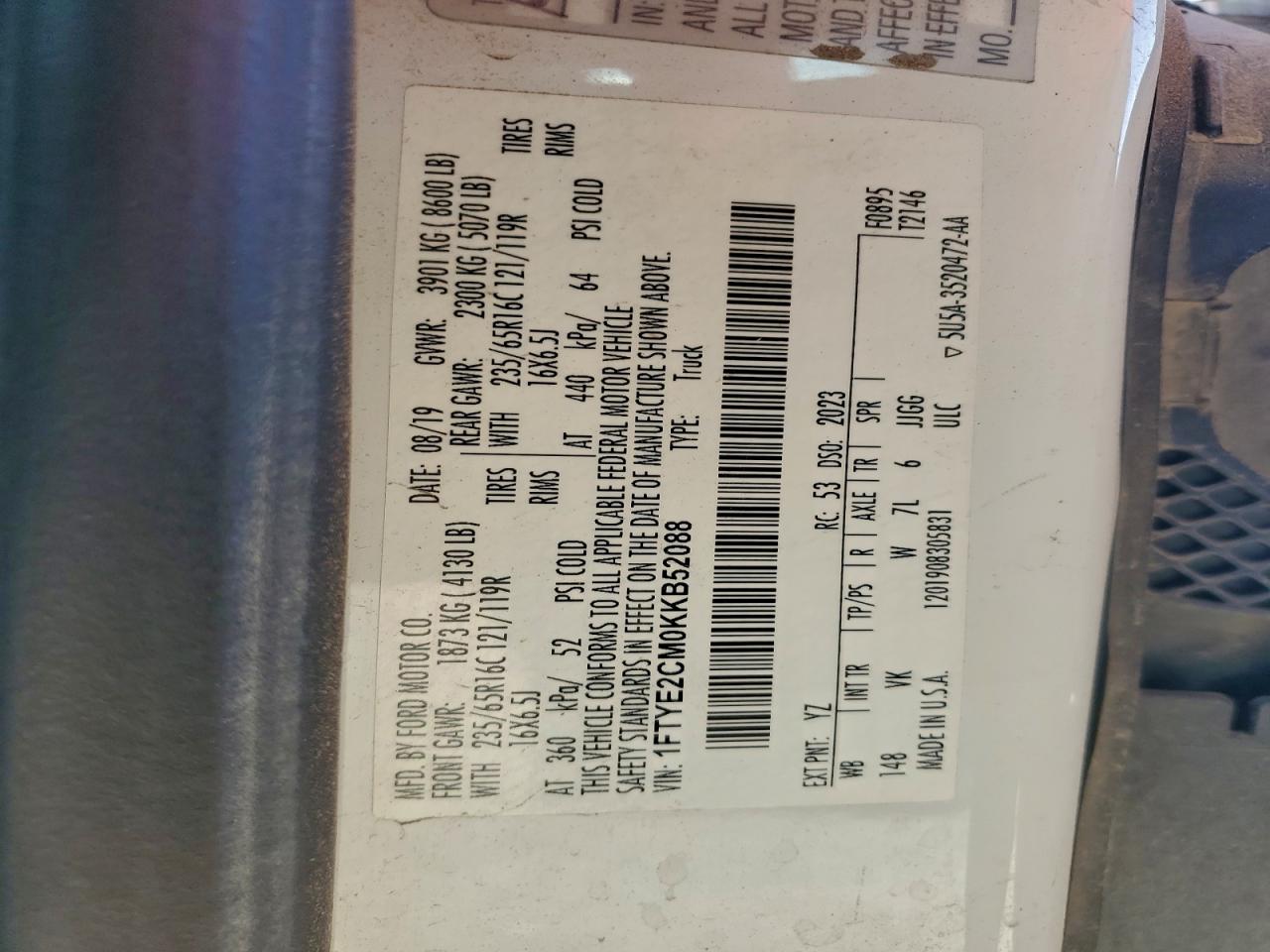 2019 Ford Transit T-150 VIN: 1FTYE2CM0KKB52088 Lot: 94161535