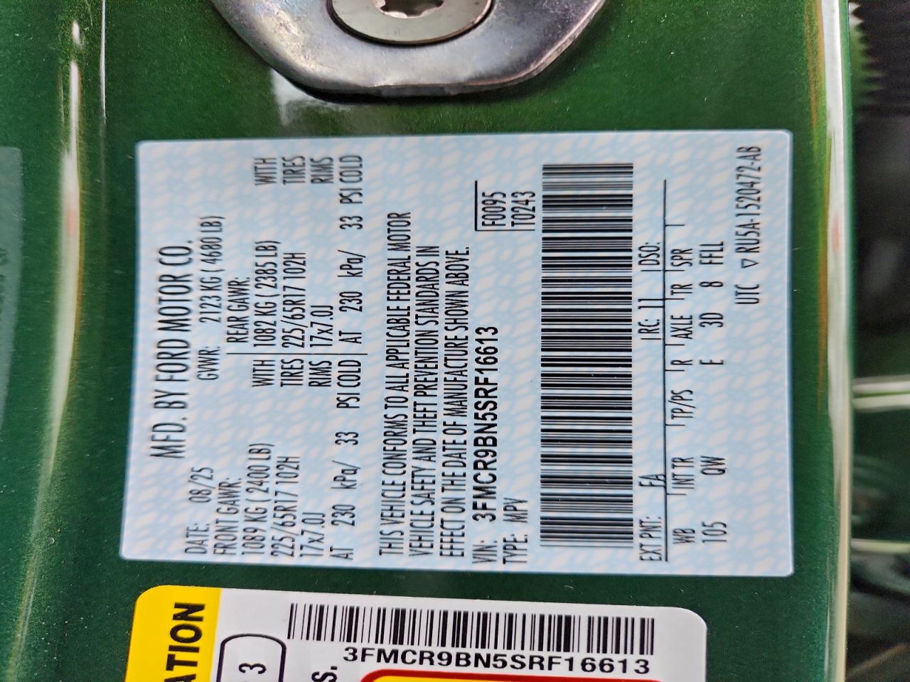 2025 Ford Bronco Sport Big Bend VIN: 3FMCR9BN5SRF16613 Lot: 93592425