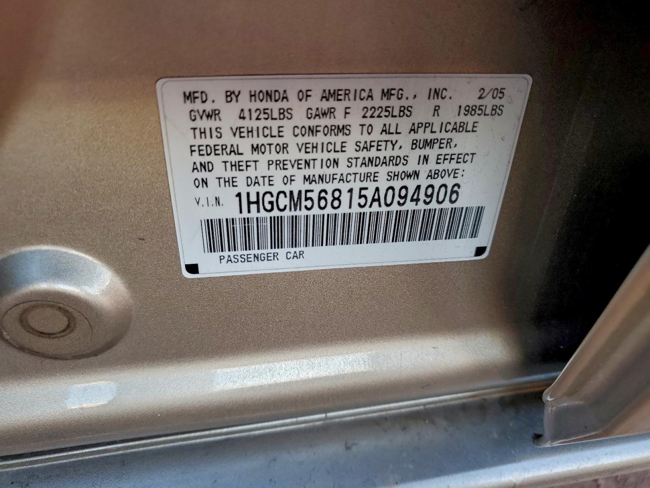 2005 Honda Accord Ex VIN: 1HGCM56815A094906 Lot: 94317765